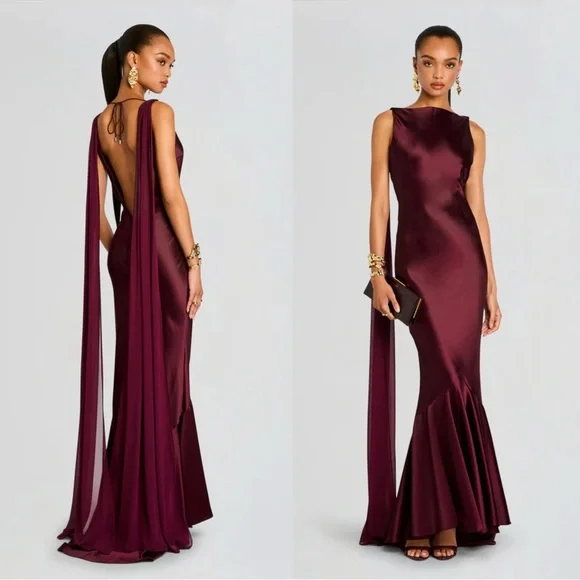 Retrofete Julia Gown in Port Satin High Neck Maxi Gown Maroon Medium - Picture 1 of 1